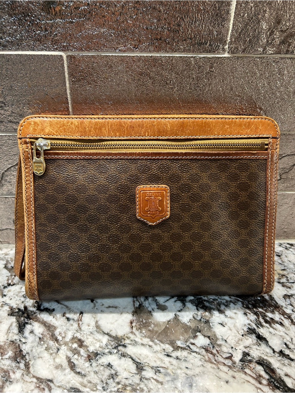 Celine Vintage Brown Canvas & Tan Leather wristlet